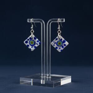 Vintage Millefiori Glass Earrings-Silver-Red-Venetian Murano Style-Dangles-Blue